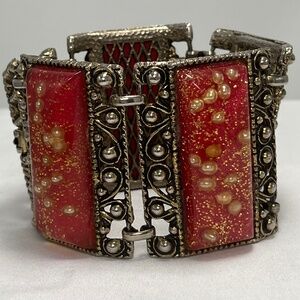 Wide, 4 Panel, Lucite Confetti, and Seed Pearl ,Red , Vintage Bracelet